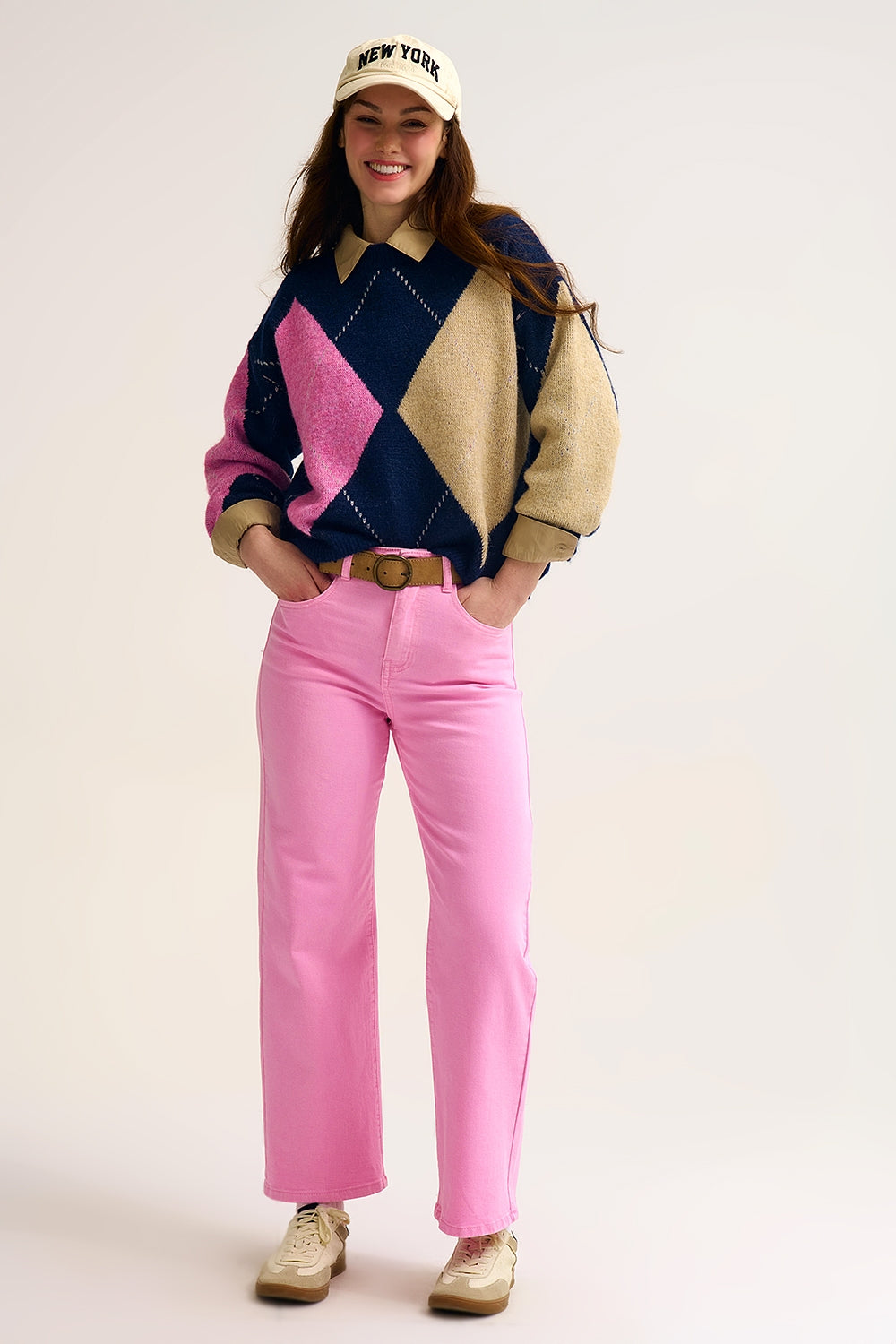 Jean ample court en Rose chewing gum