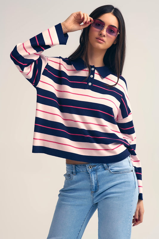 Pull polo en tricot rayé marine avec col boutonné