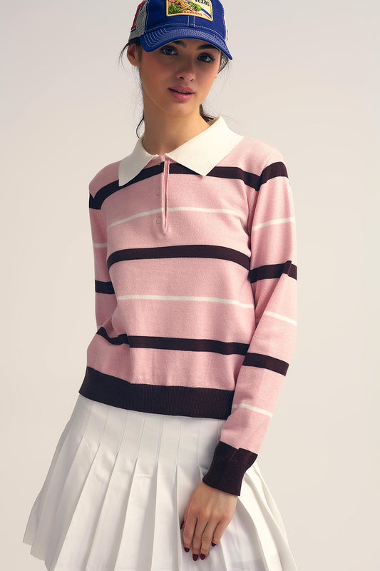 Pull polo en tricot rayé rose avec col blanc