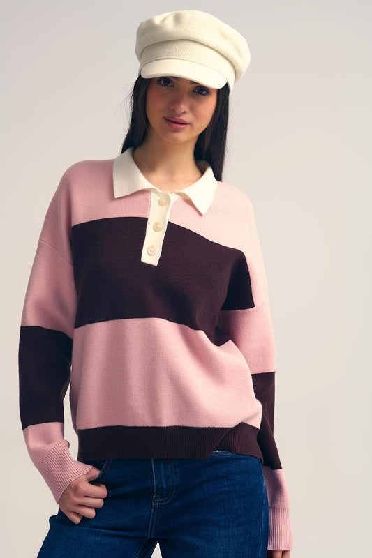 Pull polo en tricot rose à rayures marron