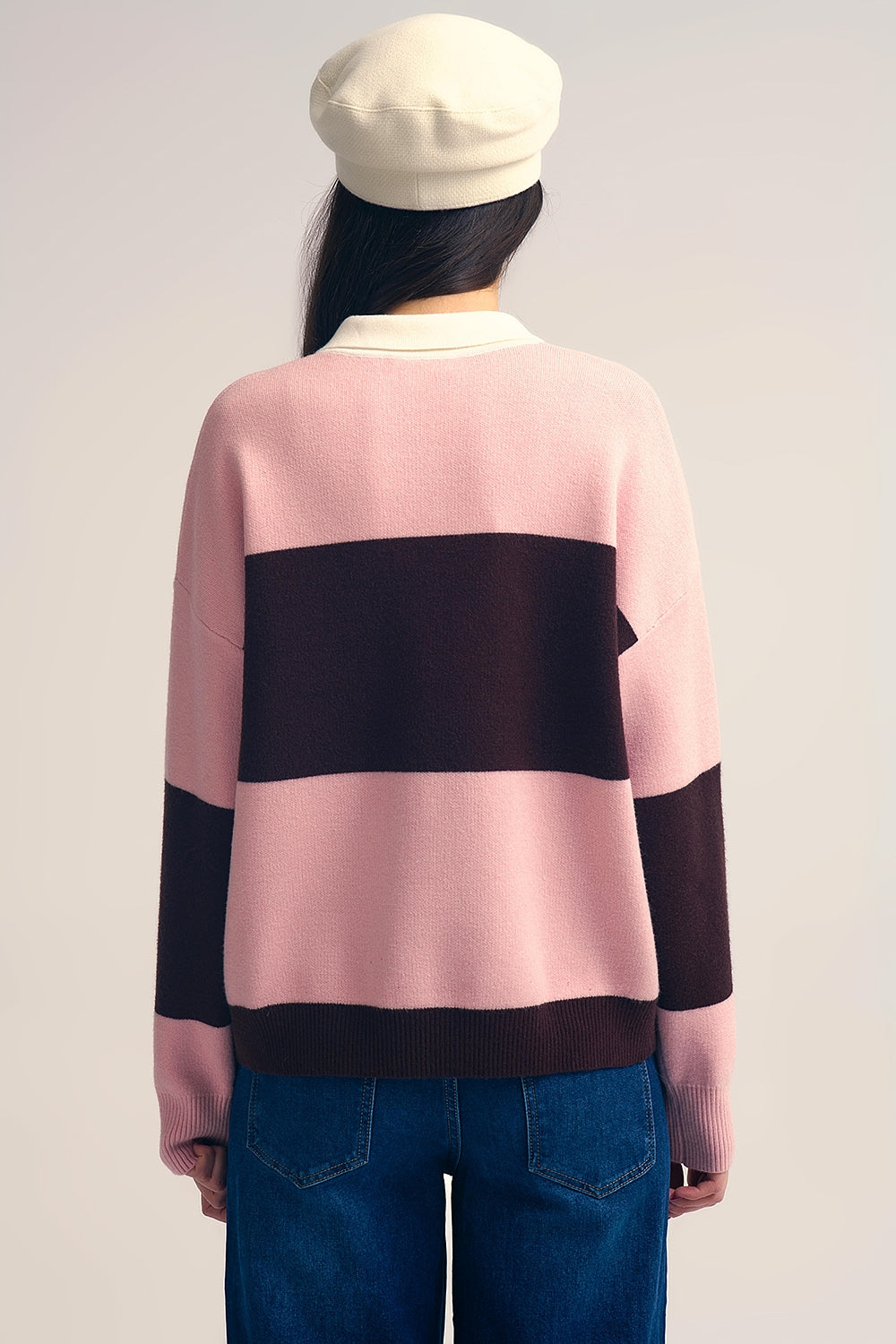 Pull polo en tricot rose à rayures marron
