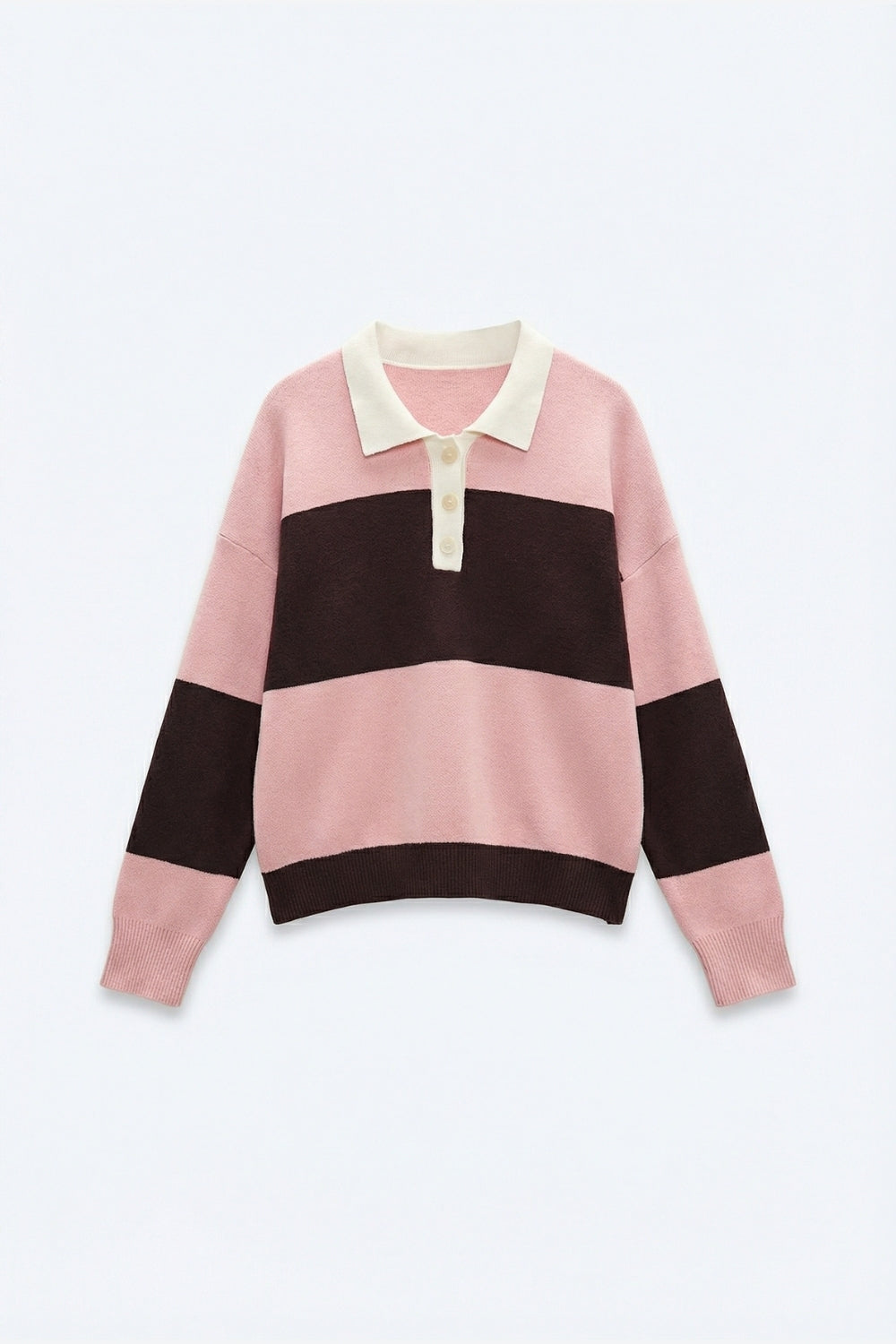 Pull polo en tricot rose à rayures marron