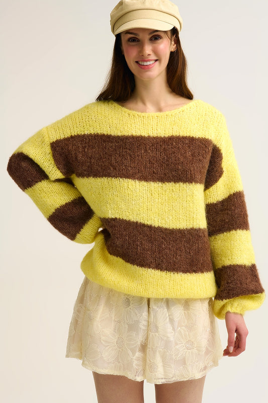 Pull en tricot rayé duveteux jaune avec manches ballon
