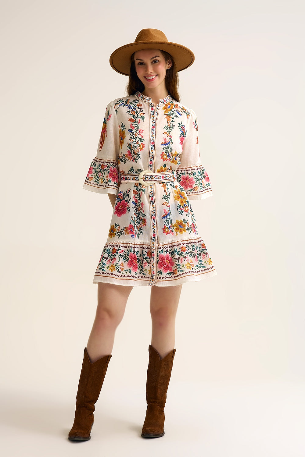 Robe Mini Boho Florale Imprimée en blanc