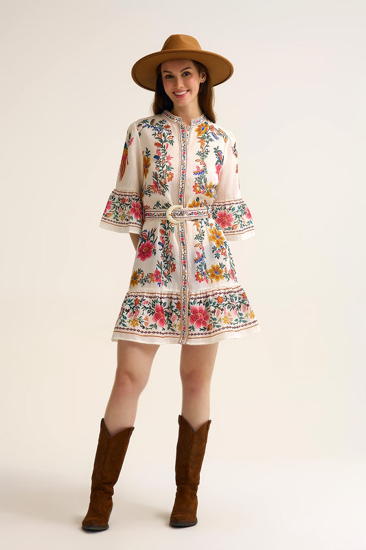 Robe Mini Boho Florale Imprimée en blanc