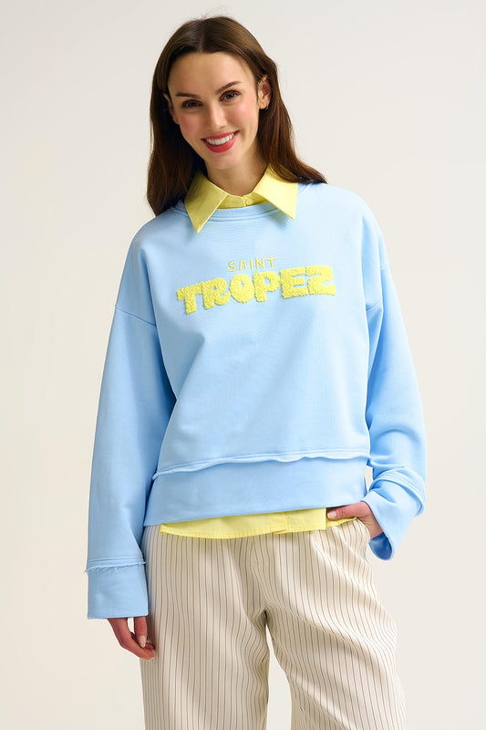 Sweat-shirt bleu bébé brodé Saint-Tropez