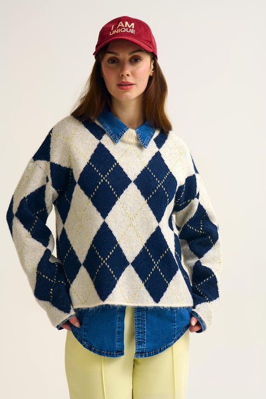 Pull en tricot chunky Navy diamond en marine et crème contrastée