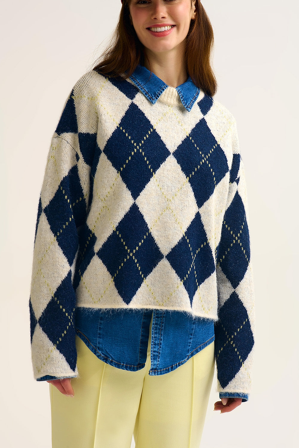 Pull en tricot chunky Navy diamond en marine et crème contrastée