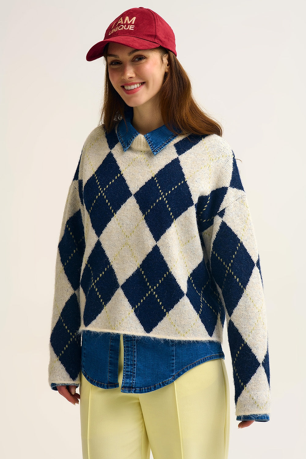Pull en tricot chunky Navy diamond en marine et crème contrastée