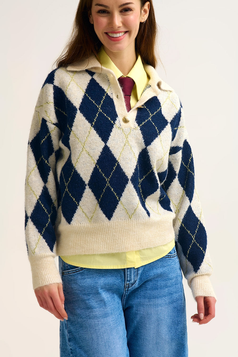 Pull à col polo en maille imprimée diamantée marine et crème