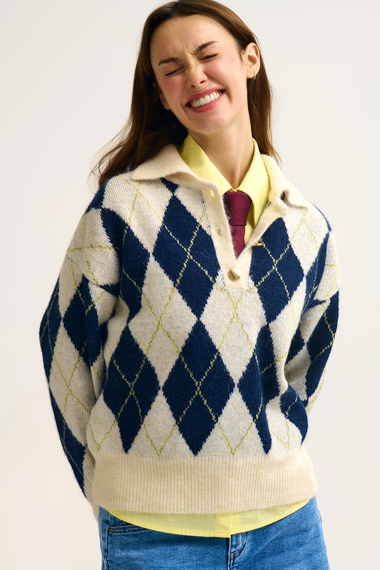 Pull à col polo en maille imprimée diamantée marine et crème