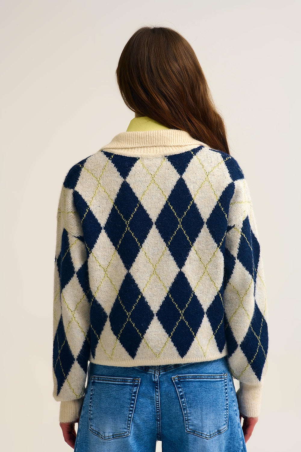 Pull à col polo en maille imprimée diamantée marine et crème