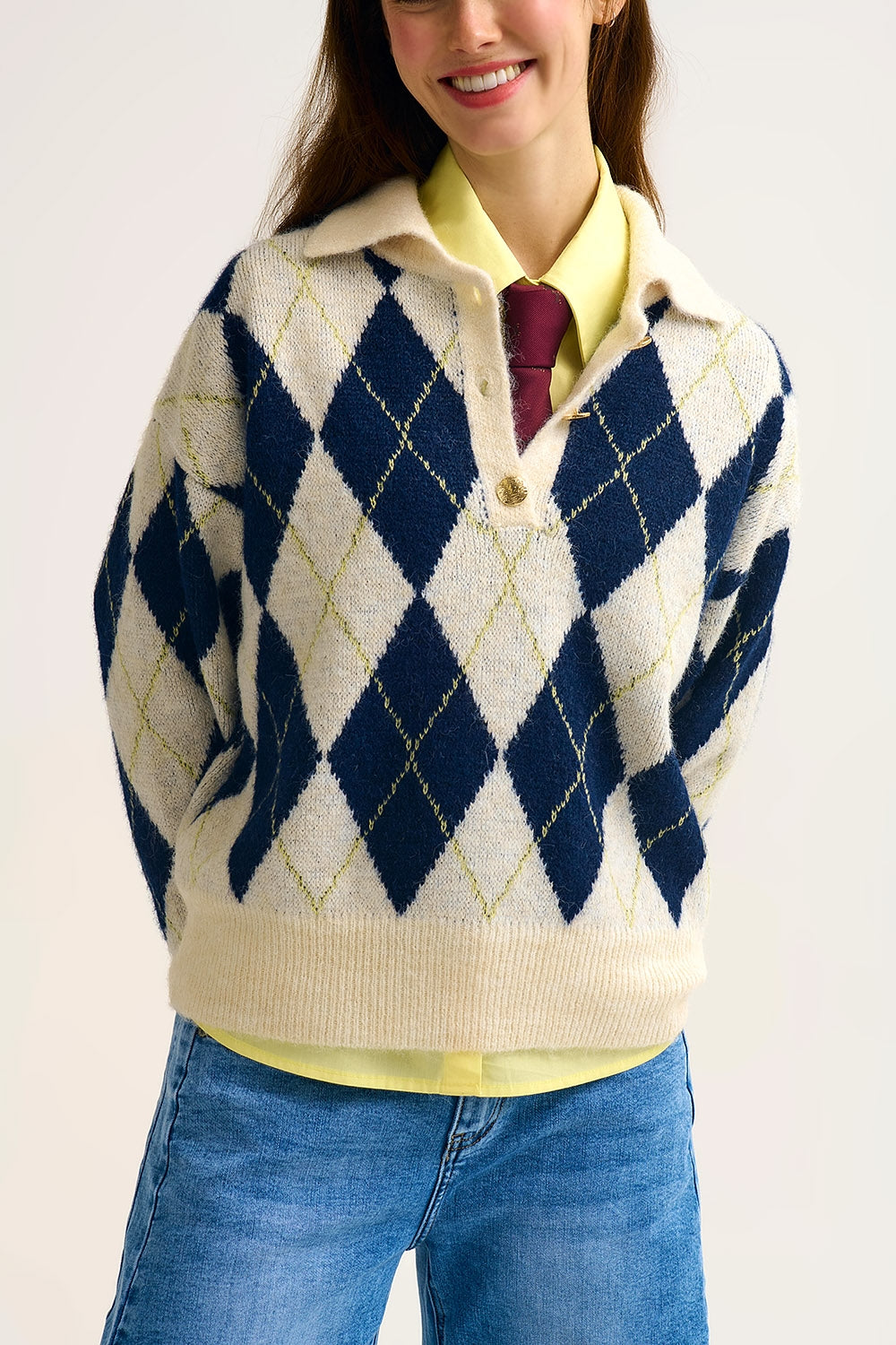 Pull à col polo en maille imprimée diamantée marine et crème