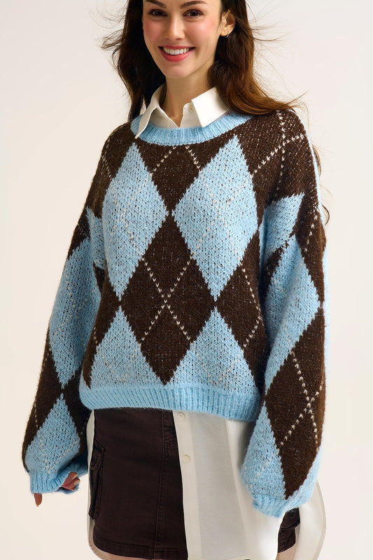 Pull en tricot à losanges bleu et marron avec manches volumineuses