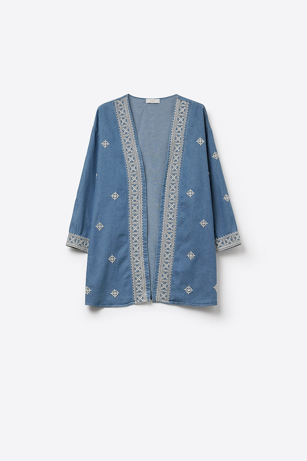 Kimono ouvert brodé bleu avec bordures blanches