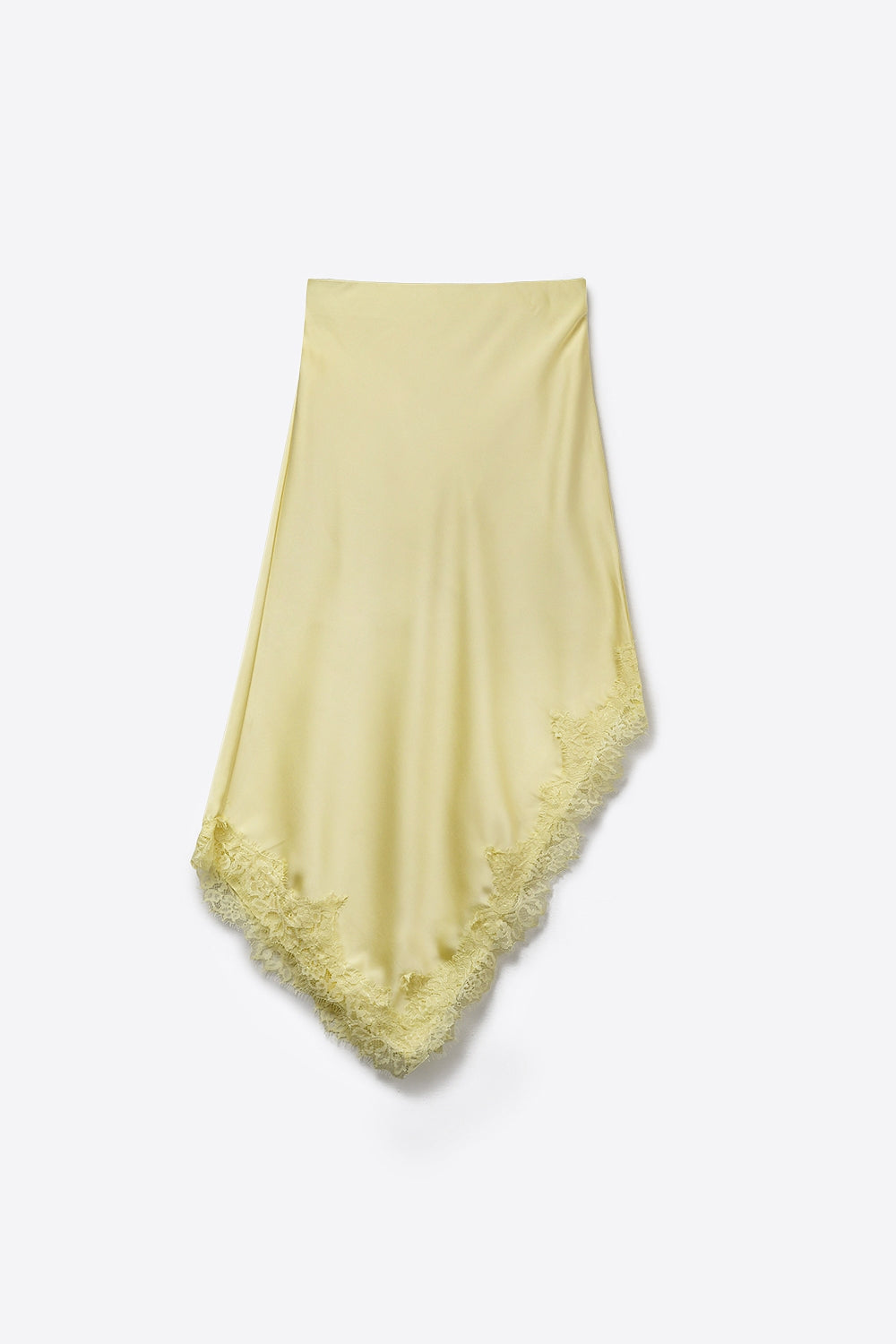 Jupe mouchoir en satin jaune beurre avec bordure en dentelle