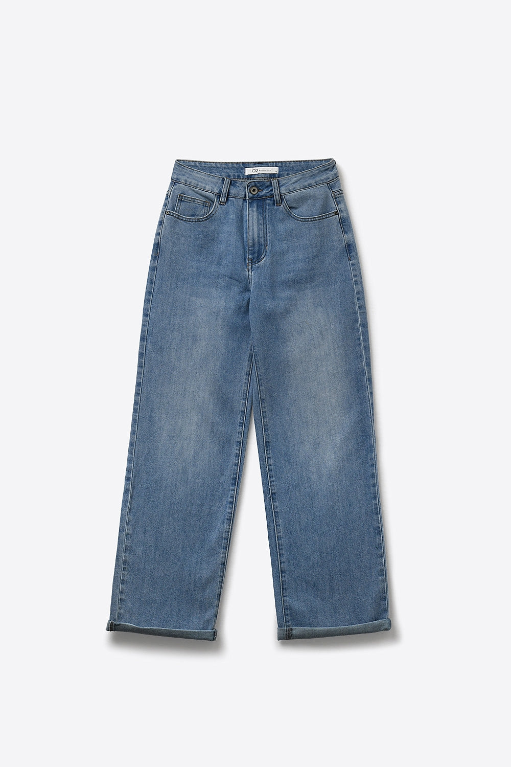 Jeans en denim bleu classique à jambes droites avec taille mi-haute
