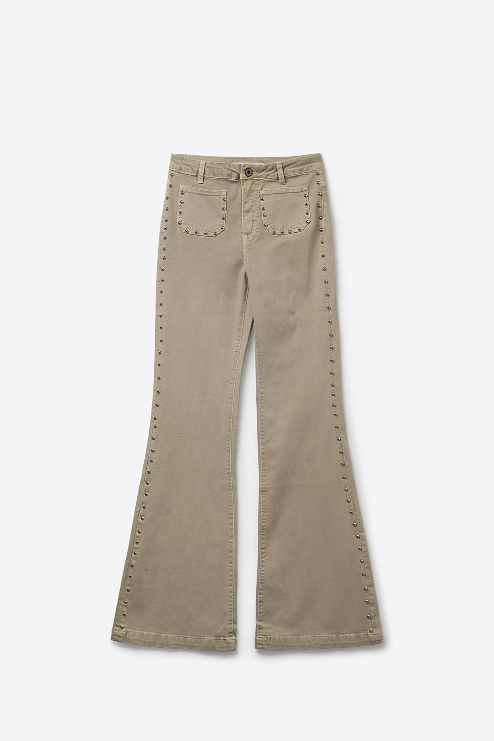 Pantalon évasé beige avec détails latéraux cloutés