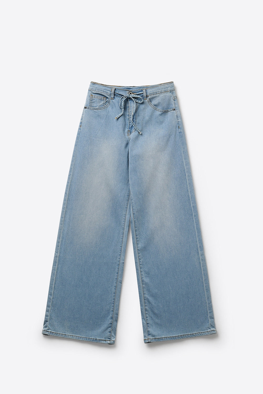 Pantalon en denim à jambe large bleu clair avec taille à cordon de serrage