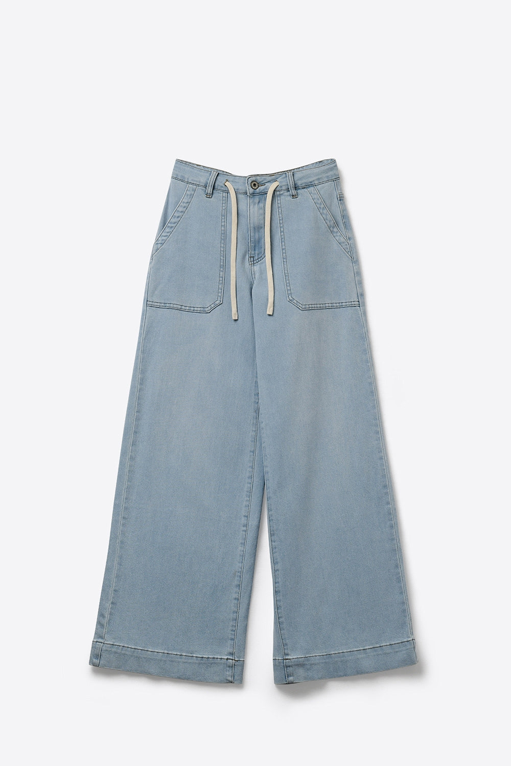 Pantalon en denim bleu clair à jambes larges avec taille à cordon
