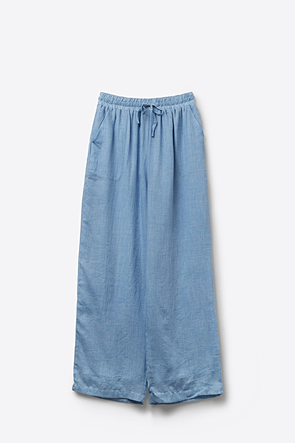 Pantalon Large Léger Bleu Clair Froissé avec Taille Élastique