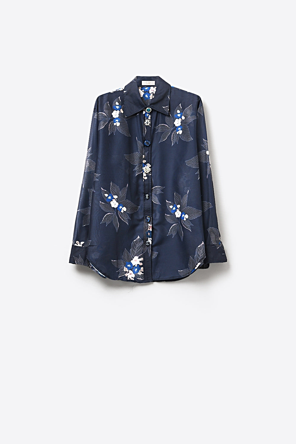 Chemise marine à fleurs boutonnée en chiffon avec manches longues