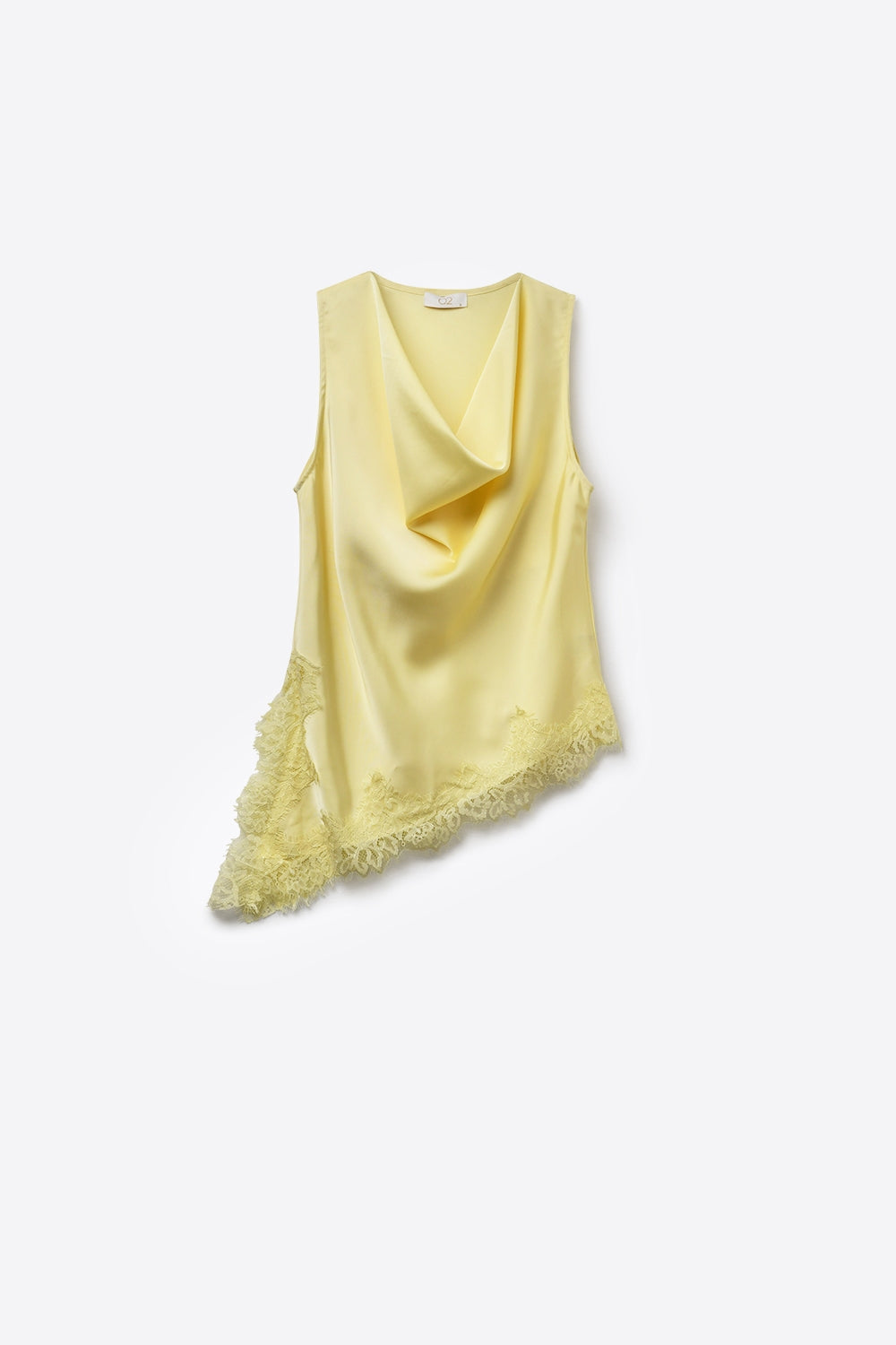 Top sans manches en satin jaune avec bordure en dentelle