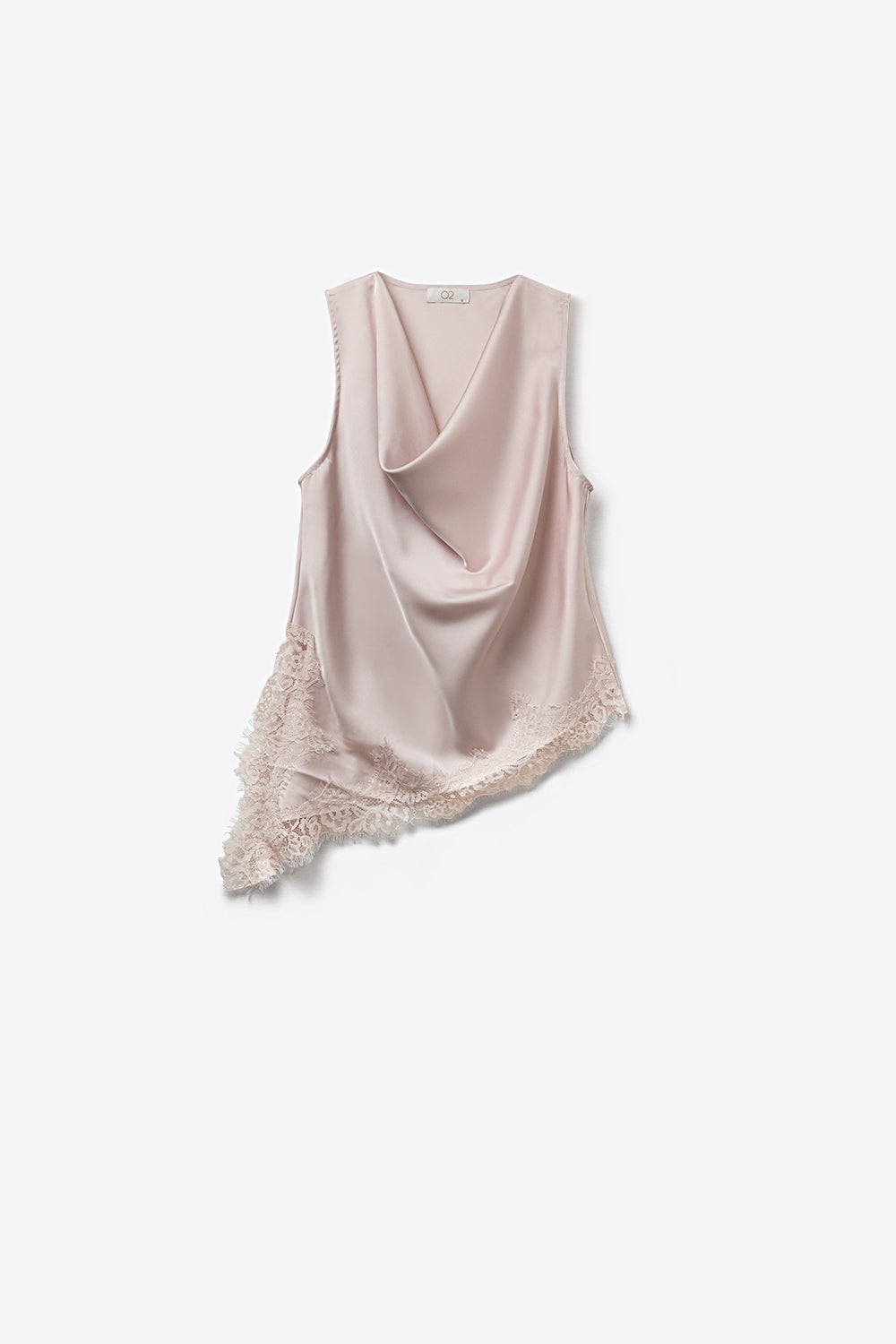 Haut sans manches en satin rose poudré avec drapé et dentelle