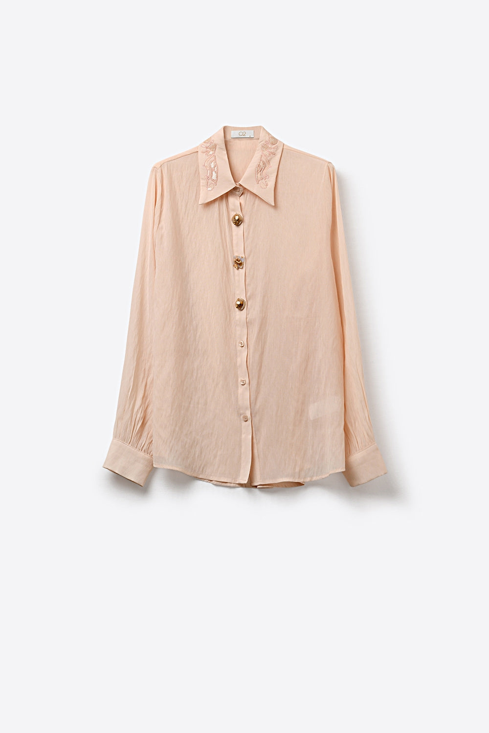 Chemise rose semi-transparente à boutons avec col brodé de sequins