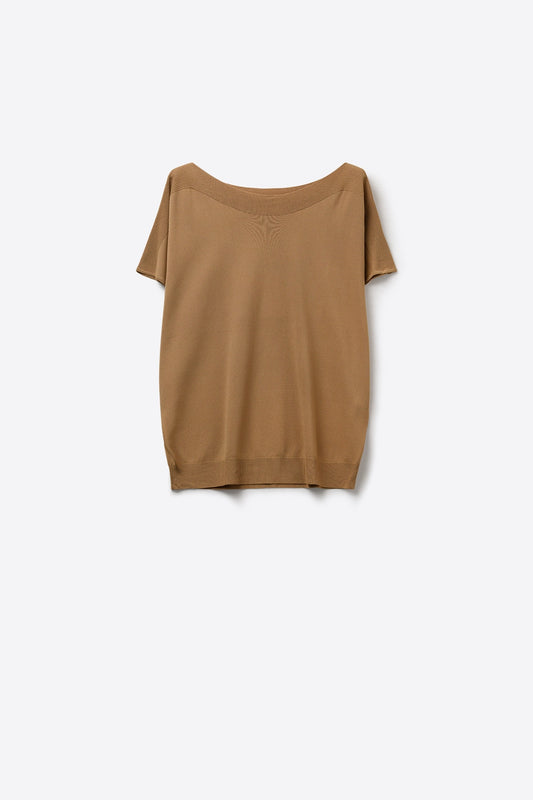 Pull décontracté à col bateau camel et manches tombantes