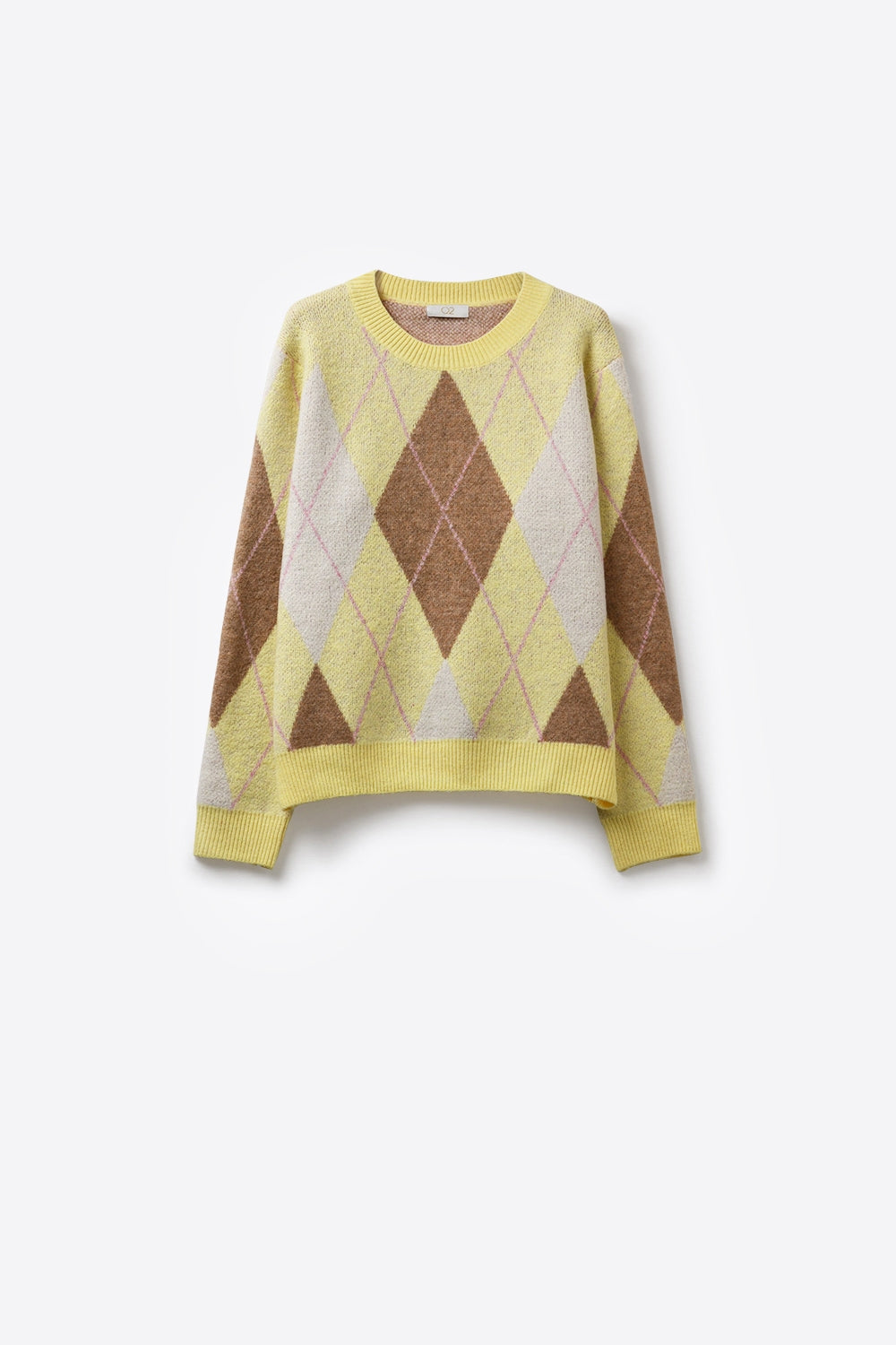 Pull en maille douce et duveteuse à motif losanges jaune et camel