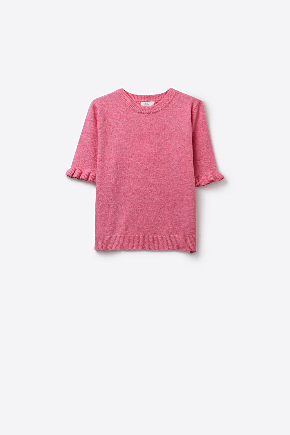 Pull en tricot doux et moelleux rose avec manches à volants