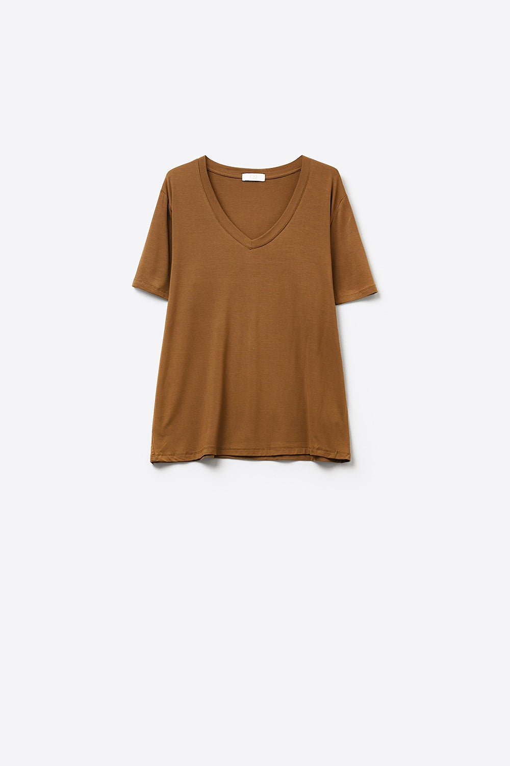 T-shirt marron doux à col en V large en tissu viscose