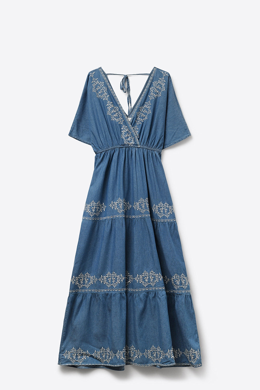 Blue Embroidered Maxi Dress with V-Neckline (Robe longue brodée à encolure en V)