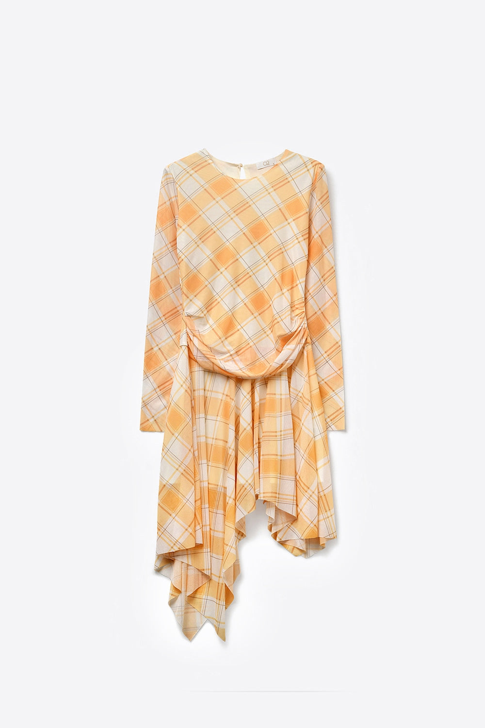 Robe asymétrique à manches longues en tissu maillé à carreaux orange