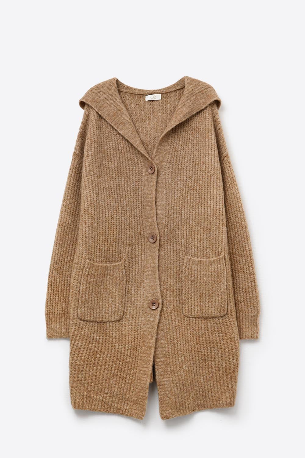 Long cardigan côtelé avec poches et capuche en camel