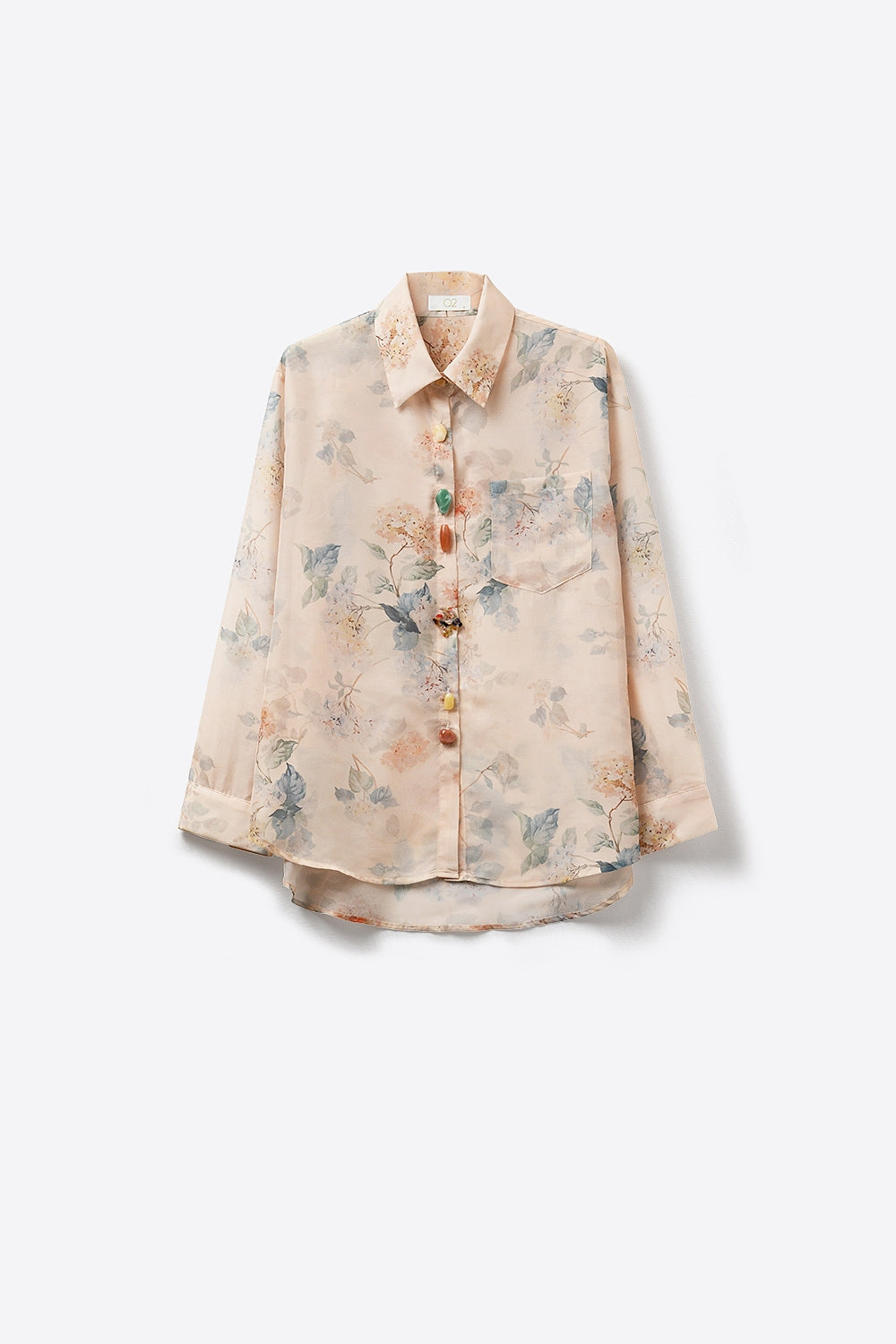 Blouse transparente boutonnée à imprimé floral beige