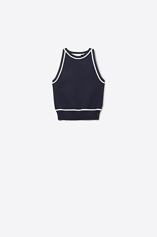 Top en maille sans manches en bleu marine avec détails lignes blanches