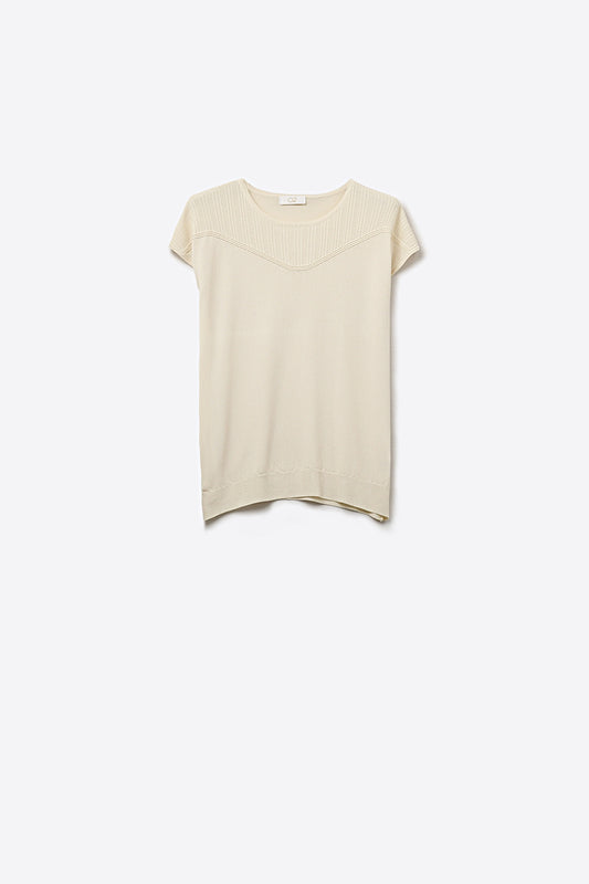 Pull de Pull à Manches Courtes Texturé en Tricot Crème