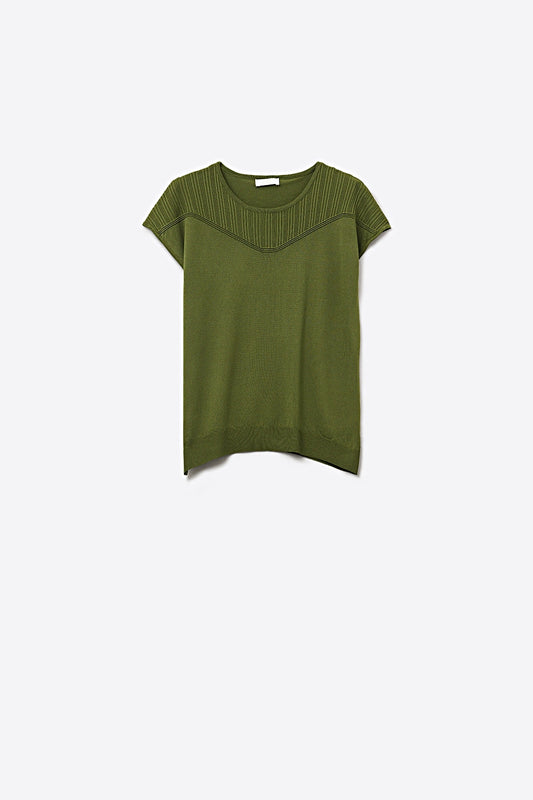 Pull à manches courtes en maille vert olive avec détails côtelés