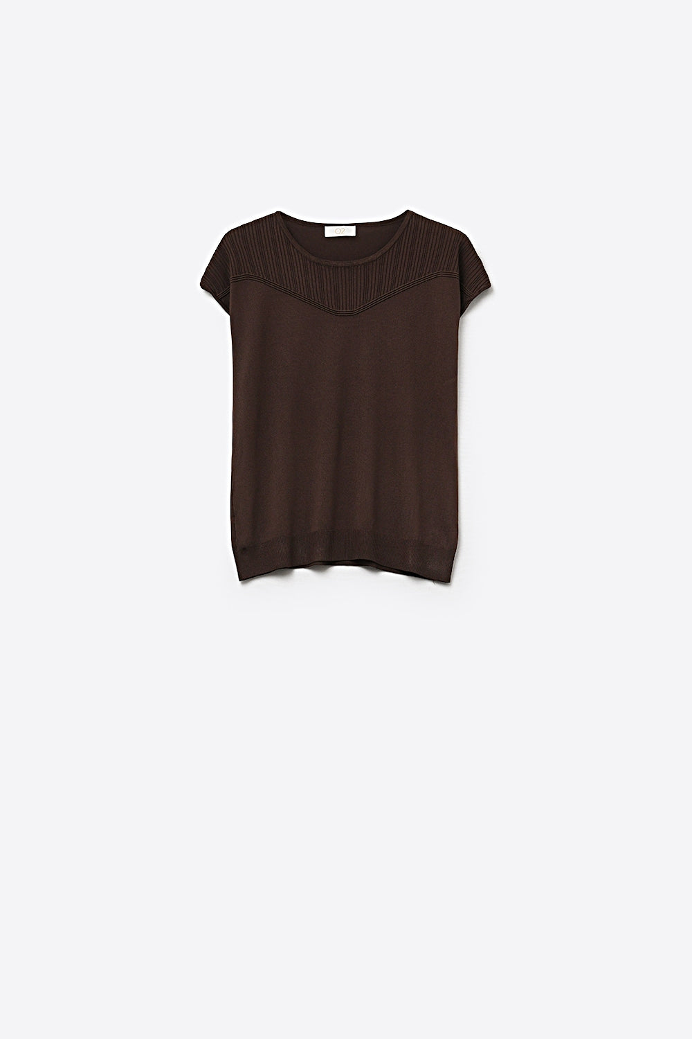 Pull à Manches Courtes en Tricot Marron avec Détail Côtelé