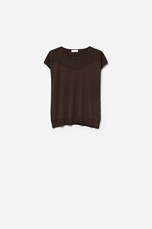 Pull à Manches Courtes en Tricot Marron avec Détail Côtelé