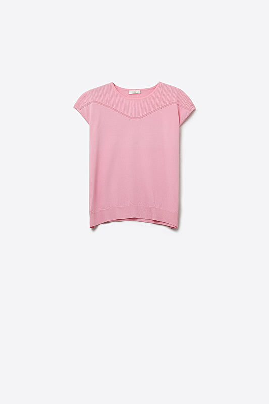 Pull Rose à Manches Courtes en Maille avec Détail Côtelé