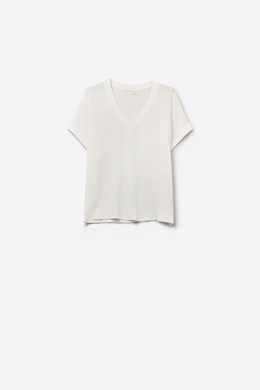 Pull en maille fine à manches courtes et col en V de couleur blanche