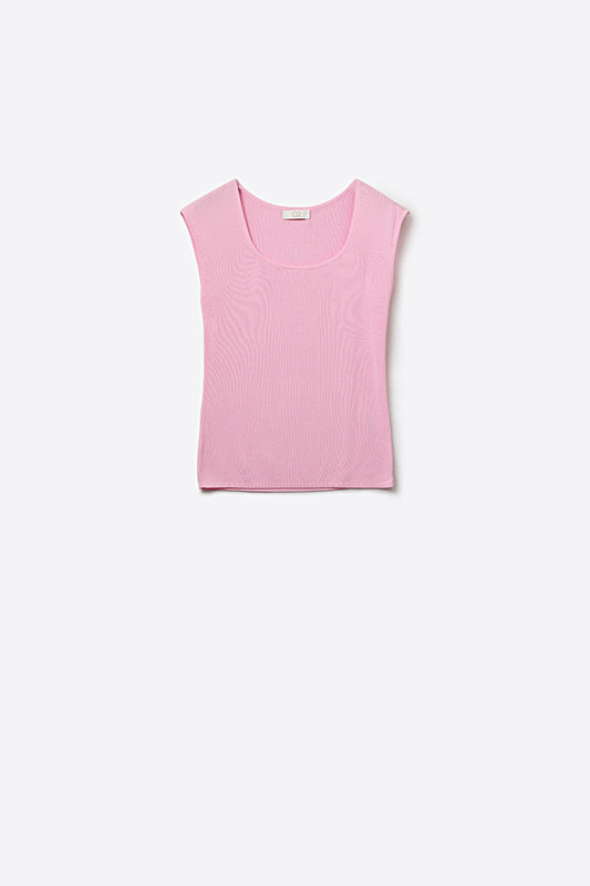 Débardeur rose en maille côtelée à encolure dégagée