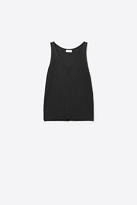 Débardeur Noir à Côtes en Tricot Col V