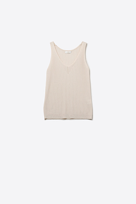 Débardeur Beige à Côtes avec Col en V