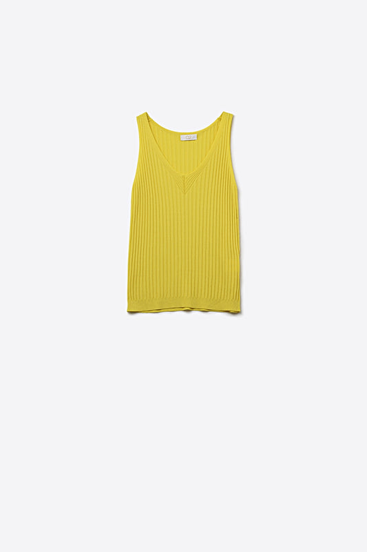 Débardeur en maille côtelée jaune à col en V