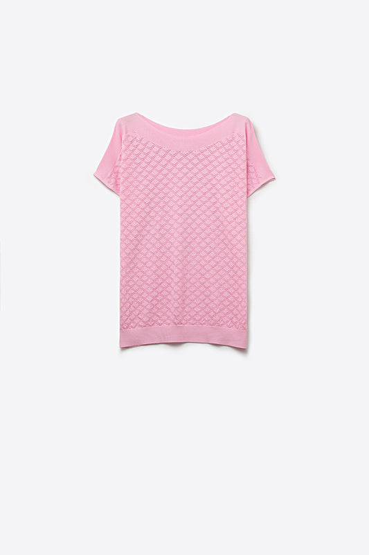 Pull à manches courtes en maille texturée motif rose