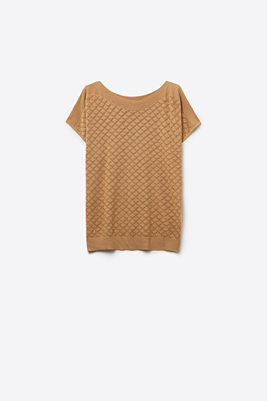 Pull à manches courtes en maille camel avec motif texturé